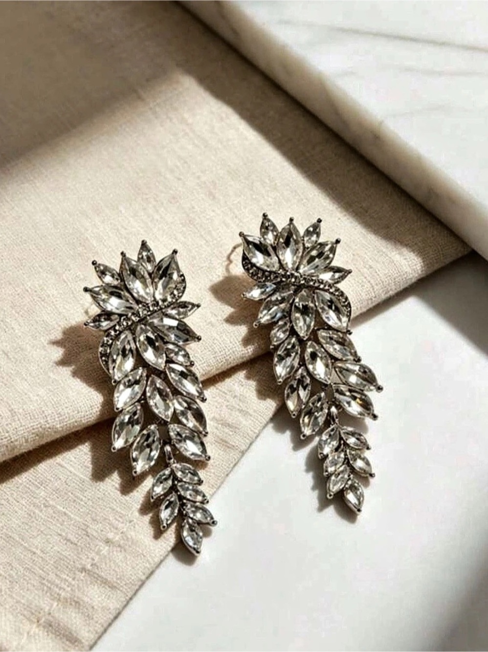 Crystal Leaf Drop Earrings in Silver NWT
